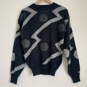 Vintage Weeds Brand leather patch knit sweater, black/gray, S